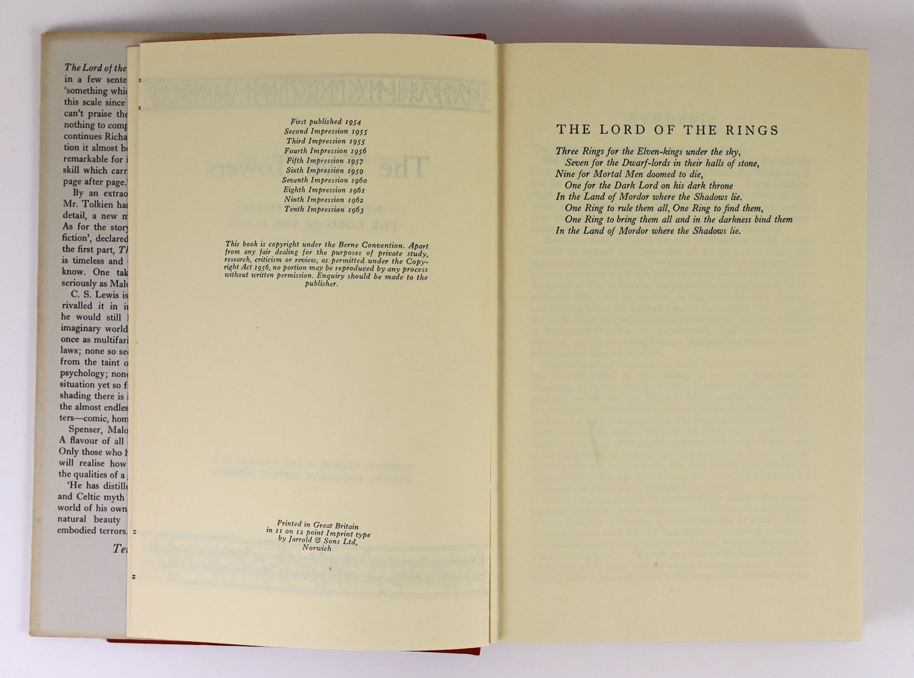 Tolkien, J.R.R - The Lord of the Rings, 3 vols, 8vo, all with d/j’s, 13th impression of Fellowship, 10th impressions of Towers and Return, London, George Allen and Unwin, London, 1963